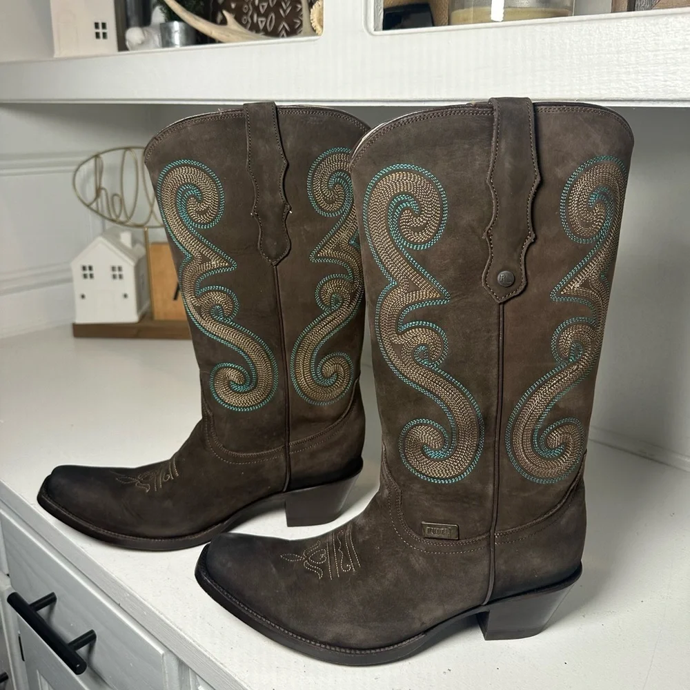 Rudel Women’s Brown Western Cowboy Boots Size 8.5 Embroidered Shaft Suede Mexico - Picture 1 of 10